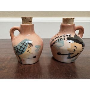 Vtg Arkansas Traveler Ma Pa Hillbilly Ceramic Salt Pepper Shaker Whiskey Novelty